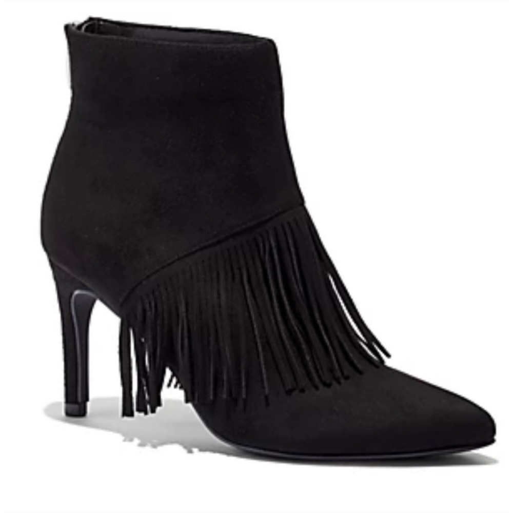 NY&CO Women's Faux Suede Black Fringe Bootie 11 Goth Biker‎ Festival Y2K Cowgirl